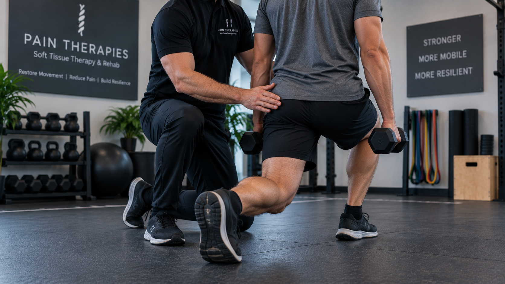 Therapist guiding a client through a weighted lunge during active rehabilitation
